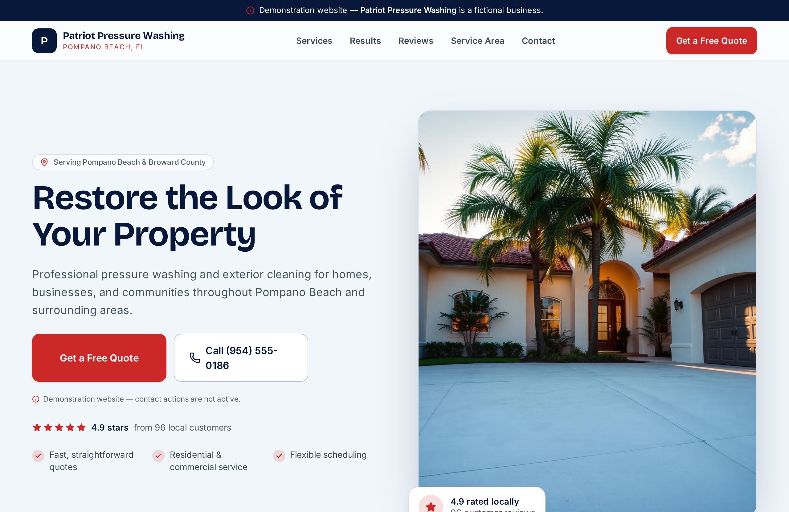Homepage of the Patriot Pressure Washing demo website, showing a hero section for a South Florida pressure washing company.
